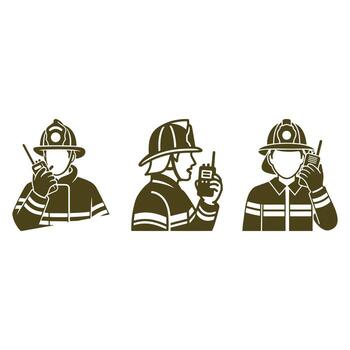 Firefighter using radio for communication, coordinating efforts during emergency response icons set. vector