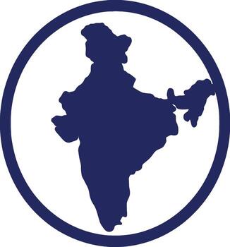 A simple graphic icon of the map of India. Dark blue national silhouette shape enclosed in a circular frame on a white background vector