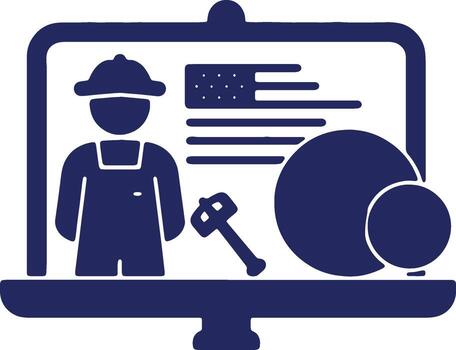 Computer screen displaying a construction worker with tools and an American flag, symbolizing industry and national pride vector