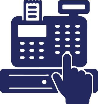 A simple flat icon depicting a hand with a finger pressing a button on a cash register, representing a point of sale transaction and payment vector