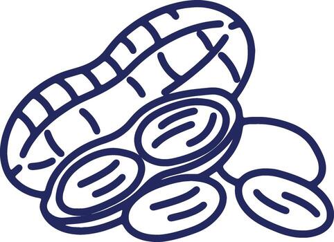 Simple line art illustration of a peanut in its shell with several shelled kernels, isolated food icon vector