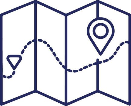 A navigational map illustration with a dashed route showing a destination marker and starting point triangle on a folded map vector