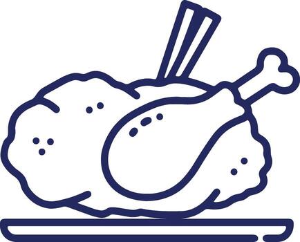 Isolated outline drawing of a breaded chicken drumstick on a plate with chopsticks on a white background vector