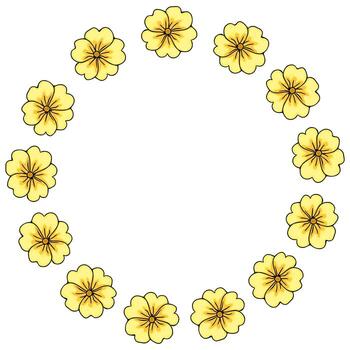 A charming frame composed of bright yellow primrose flowers with intricate petal details, arranged in a circular composition against a clean white background. vector