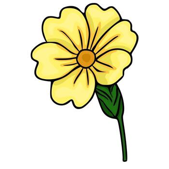A charming yellow primroseflower with a green stem and leaf, rendered as a clean illustration with bold black outlines and soft gradients, perfect for graphic design and springtime themes. vector