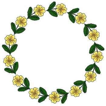 A delicate wreath composed of bright yellow primrose flowers with green leaves, forming a circular frame with an empty center. vector