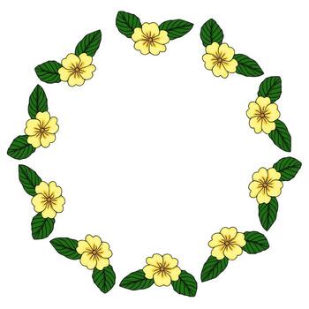 Delicate yellow primrose flower and green leaf border design, creating a charming circular frame for spring celebrations and natural themes. vector