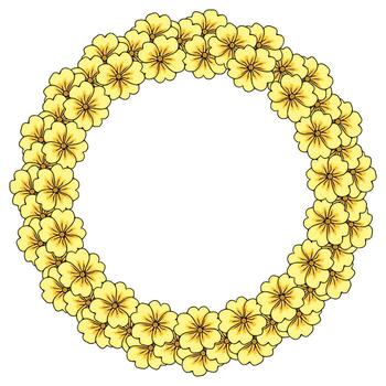 A charming illustration of a circular wreath composed of numerous vibrant yellow primrose flowers with dark outlines and subtle shading, creating a delicate and joyful floral frame. vector