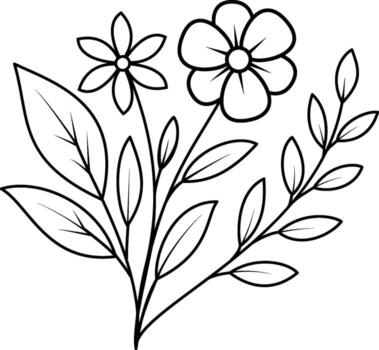 A simple, charming black and white line drawing features a cluster of blooming flowers and leafy branches, perfect for decorative use. vector