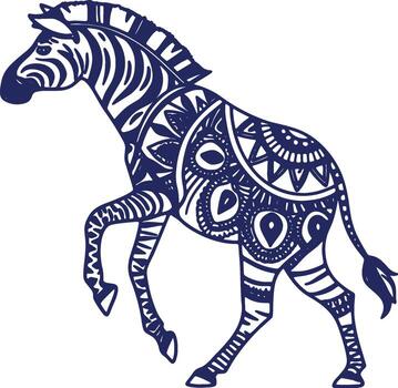 Decorative blue zebra illustration with intricate ornamental patterns. Abstract wild animal graphic design element on an isolated white background vector