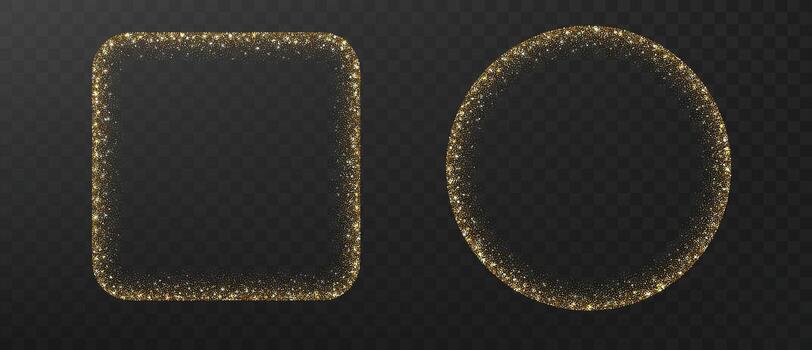 elegante dorado Brillantina marcos en circular y cuadrado formas, reluciente con espumoso partículas diseño para Navidad festivo fiesta tarjetas vector