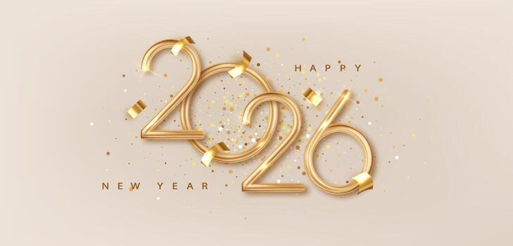 Happy New Year 2026. Golden numbers with glowing bokeh lights on elegant festive backdrop. vector