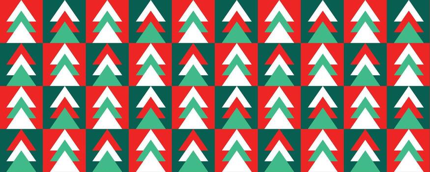 Christmas trees in red and green fabric. Geometric Christmas Tree Holiday Pattern. Modern Holiday Pattern with Abstract Trees and Circles. vector