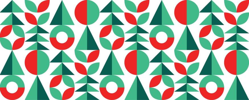 Geometric Christmas Tree Holiday Seamless Pattern. Modern Holiday Pattern with Abstract Trees and Circles. Pattern with red and green triangles vector