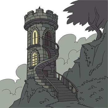 Ancient and towering wizard's tower perched on a craggy cliff. Envision its mysterious interiors vector