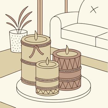 A composition of candles beautifully arranged on a white table. In the background. a comfy sofa vector