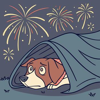 asustado perro ocultación debajo un cobija asustado de fuegos artificiales con fuegos artificiales explotando en antecedentes vector