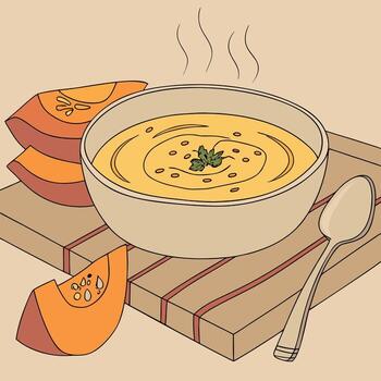 A velvety butternut squash soup with a hint of sweetness and a touch of spice. The soup is pureed vector