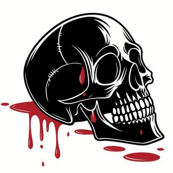 Black glossy skull with realistic teeth and dripping red paint against white background. creating vector