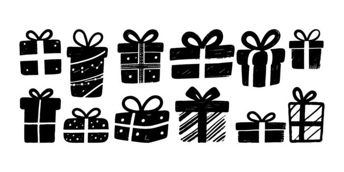 conjunto de varios dibujado a mano negro regalo cajas con arcos y diferente patrones, bosquejo estilo en llanura blanco fondo, concepto de celebracion vector