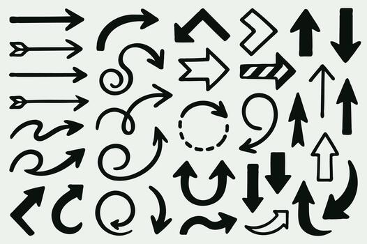 Minimalistic Set Hand Drawn Doodle icon arrows And cursor Illustration In Engraving Style, scribble, strokes. Black And White Seamless Sketchy arrow Elements, Line art, Pattern Sketch Style Isolated vector