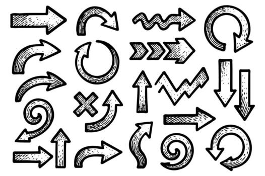 Hand Drawn Doodle icon arrows And cursor Illustration In Engraving Style, scribble, strokes. Black And White Seamless Sketchy arrow Elements, Line art, Pattern Sketch Style Isolated vector