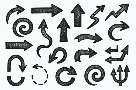 Decorative Black And White Seamless arrow Elements, Line art, Pattern Sketch Style Isolated. Set Hand Drawn Doodle icon arrows And cursor Illustration In Engraving Style, scribble, strokes vector