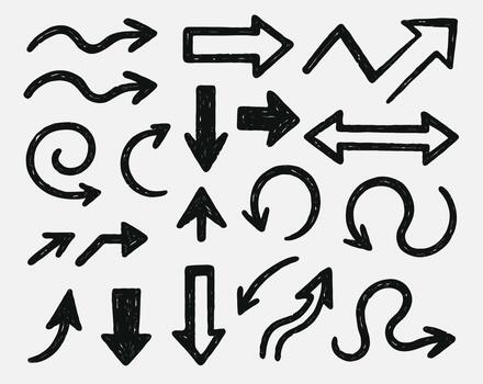 Set Hand Drawn Doodle icon arrows And cursor Illustration In Engraving Style, scribble, strokes. Black And White Seamless Sketchy arrow Elements, Line art, Pattern Sketch Style Isolated vector