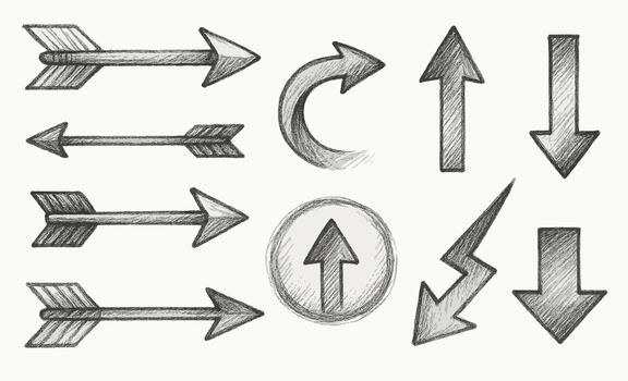 Symbol Set Hand Drawn icon arrows And cursor Illustration In Engraving Style, scribble, strokes. Black And White Seamless Sketchy arrow Elements, Line art, Pattern Sketch Style Isolated. vector