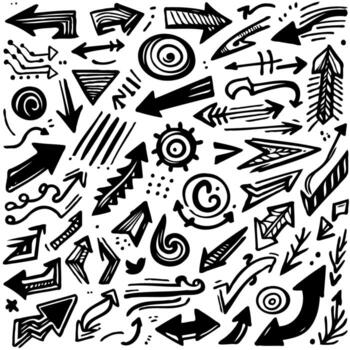 Line drawing Black And White Seamless arrow Elements, Line art, Pattern Sketch Style Isolated. Set Hand Drawn Doodle icon arrows And cursor Illustration In Engraving Style, scribble, strokes vector