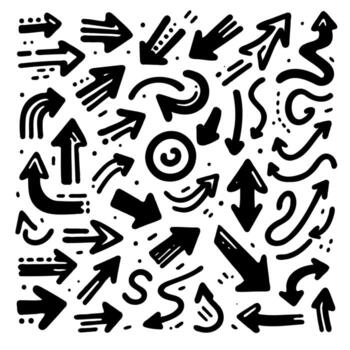 Set Hand Drawn Doodle Element icon arrows And cursor Illustration In Engraving Style. Black And White Seamless Sketchy arrow Elements, scribble, strokes Line art, Pattern Sketch Style Isolated vector