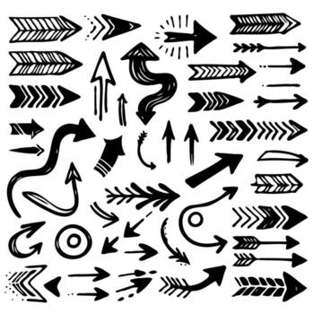 Black And White Design Seamless arrow Elements, Line art, Pattern Sketch Style Isolated. Set Hand Drawn Doodle icon arrows And cursor Illustration In Engraving Style, scribble, strokes vector