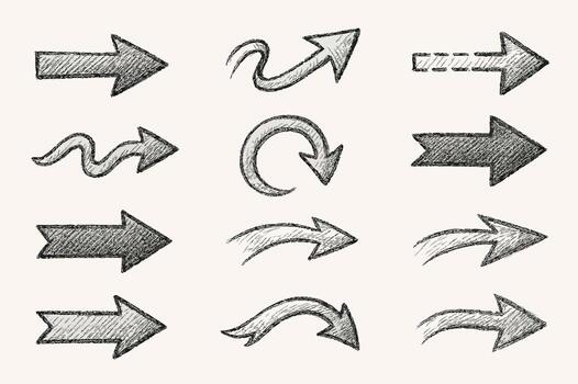 Detailed Hand Drawn icon arrows And cursor Illustration In Engraving Style, scribble, strokes. Black And White Seamless Sketchy arrow Elements, Line art, Pattern Sketch Style Isolated. vector