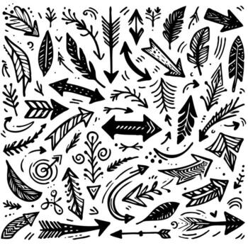 Black And White Seamless arrow Elements, Line art, Pattern Sketch Style Isolated. Set Hand Drawn Doodle icon arrows And cursor Illustration In Engraving Style, scribble, strokes vector