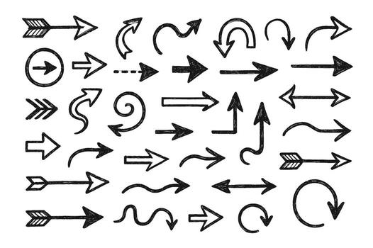 Shapes Set Hand Drawn Doodle icon arrows And cursor Illustration In Engraving Style, scribble, strokes. Black And White Seamless Sketchy arrow Elements, Line art, Pattern Sketch Style Isolated vector