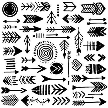 Outlines Black And White Seamless arrow Elements, Line art, Pattern Sketch Style Isolated. Set Hand Drawn Doodle icon arrows And cursor Illustration In Engraving Style, scribble, strokes vector