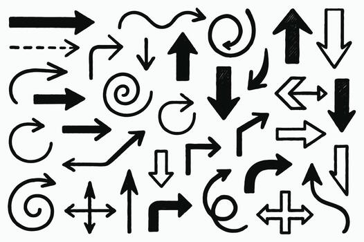 Engraved Set Hand Drawn Doodle icon arrows And cursor Illustration In Engraving Style. Black And White Seamless Sketchy arrow Elements, scribble, strokes Line art, Pattern Sketch Style Isolated vector