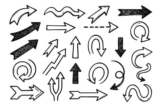 Contour Black And White Seamless arrow Elements, Line art, Pattern Sketch Style Isolated. Set Hand Drawn Doodle icon arrows And cursor Illustration In Engraving Style, scribble, strokes vector
