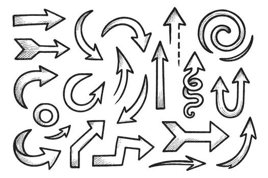 Stylized Black And White Seamless arrow Elements, Line art, Pattern Sketch Style Isolated. Set Hand Drawn Doodle icon arrows And cursor Illustration In Engraving Style, scribble, strokes vector