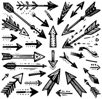 Linear Clipart Black And White Seamless arrow Elements, Line art, Pattern Sketch Style Isolated. Set Hand Drawn Doodle icon arrows And cursor Illustration In Engraving Style, scribble, strokes vector