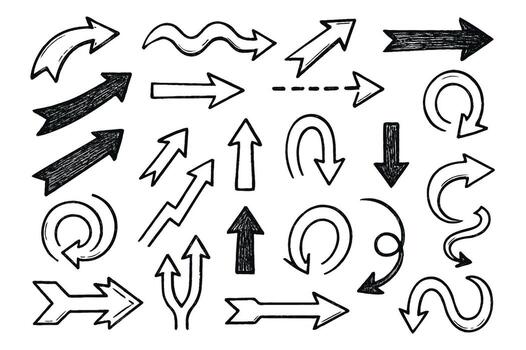 Wallpaper Black And White Seamless arrow Elements, Line art, Pattern Sketch Style Isolated. Set Hand Drawn Doodle icon arrows And cursor Illustration In Engraving Style, scribble, strokes vector