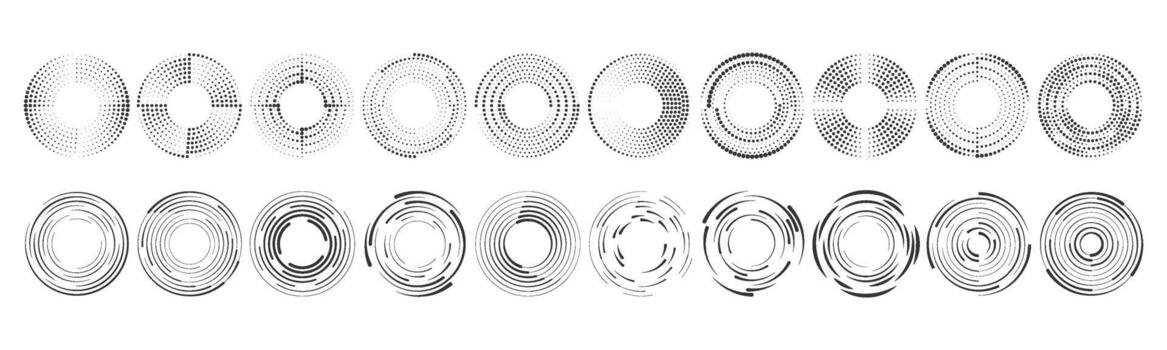 Circular motion lines set. Radial speed burst shapes symbolizing movement, power, and technology. isolated design for branding, frame, or futuristic background. vector