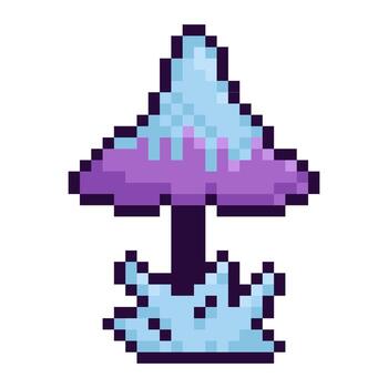 Retro pixel mushroom in blue and purple shades. Nostalgic 8-bit style element. Perfect for fantasy, gaming, Halloween, and magic pixel projects. Icon in horror, retro style, old arcade game. vector