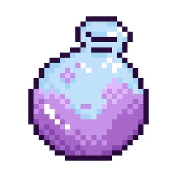 Pixel 8 bit illustration of a round magic potion bottle filled with purple liquid. Retro game style element perfect for Halloween, fantasy themes, stickers, icons, and pixel art projects. vector