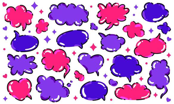 colección de habla burbujas y pensamiento nubes en rosado y púrpura. cómic estilo vacío formas para mensajes, diálogo, charlar, creativo notas, emociones conversacion texto globo. comunicación marco. vector