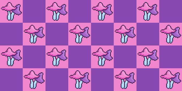 sin costura píxel Arte modelo con rosado y púrpura hongos en un a cuadros antecedentes. nostálgico 8 bits estilo. para fantasía, juego de azar, Víspera de Todos los Santos, y magia proyectos horror, retro estilo, antiguo arcada juego. vector
