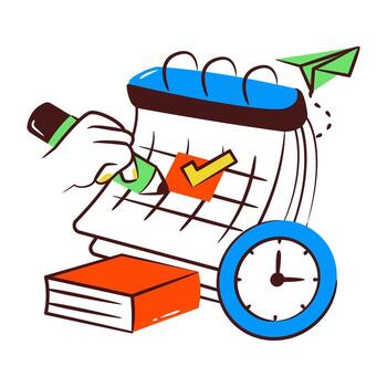 Calendar with book and clock, icon of study timetable vector