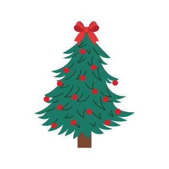 Christmas tree with red bow. Simple festive pine tree decorated with red ornaments and ribbon. Flat illustration isolated on white background. vector