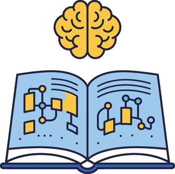 An open book with a brain and a diagram of data vector