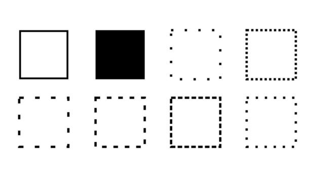 Eight squares, varying in outline style and fill solid and dotted outlines vector